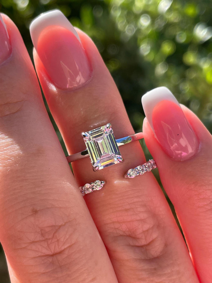 Emerald cut engagement ring set with simulated diamonds, hidden halo ring, silver 925 engagement ring, gold vermeil ring, proposal ring