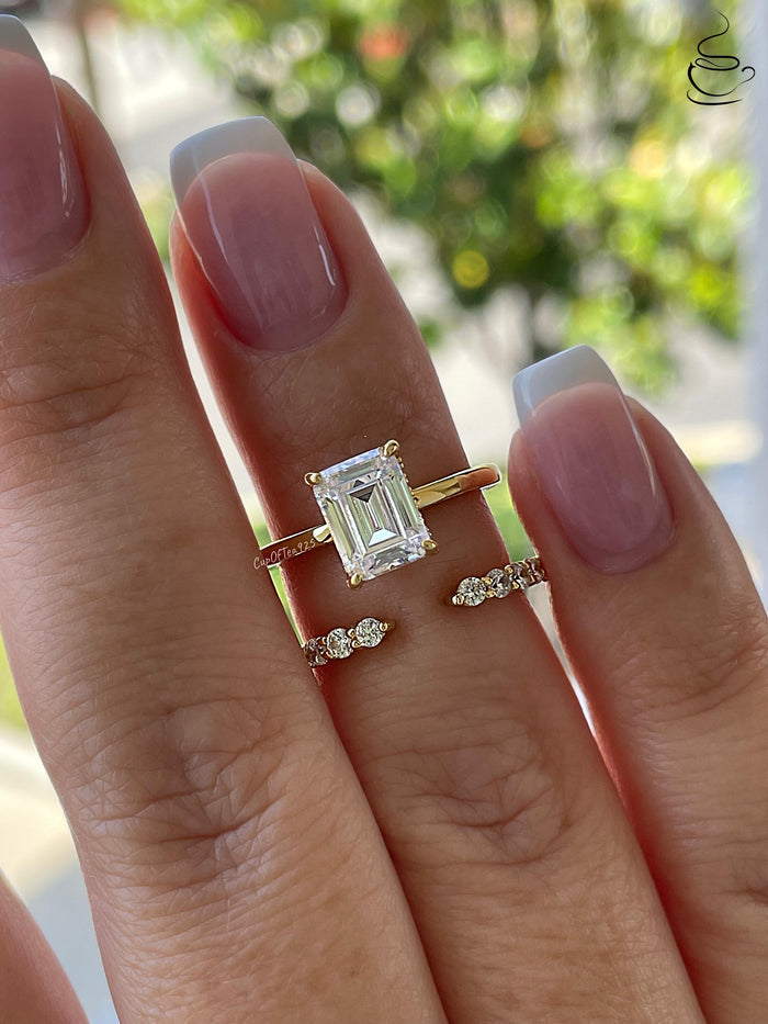 Emerald cut engagement ring set with simulated diamonds, hidden halo ring, silver 925 engagement ring, gold vermeil ring, proposal ring