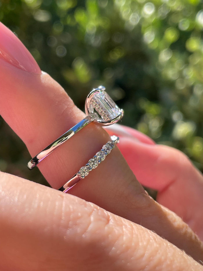 Emerald cut engagement ring set with simulated diamonds, hidden halo ring, silver 925 engagement ring, gold vermeil ring, proposal ring