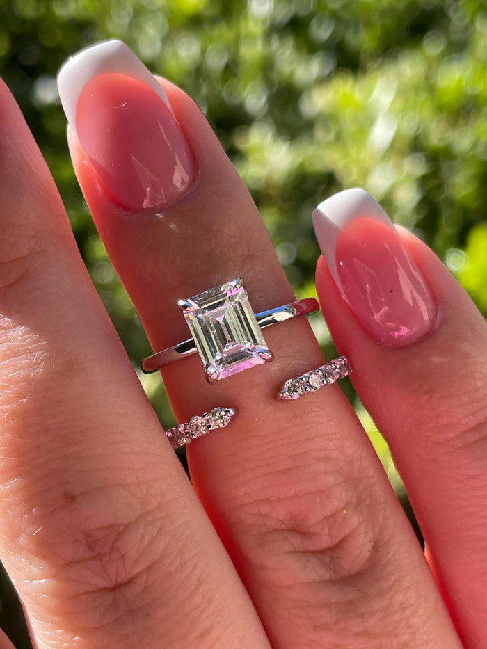 Emerald cut engagement ring set with simulated diamonds, hidden halo ring, silver 925 engagement ring, gold vermeil ring, proposal ring
