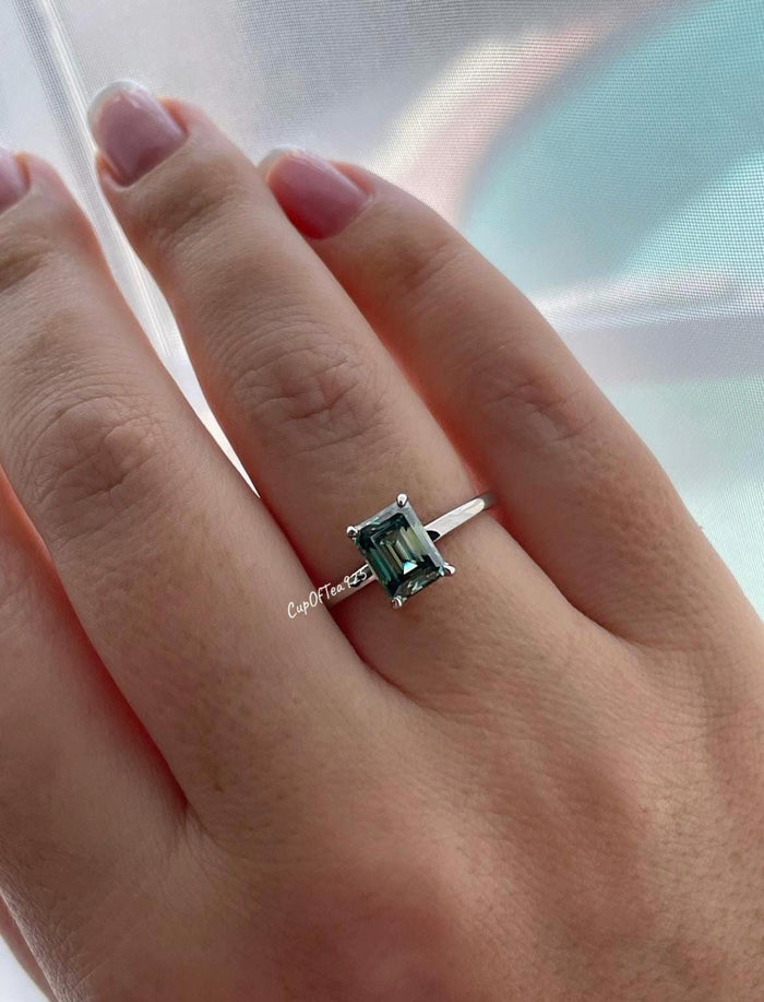 Emerald Cut Green Moissanite Solitaire Engagement Ring, Sterling Silver