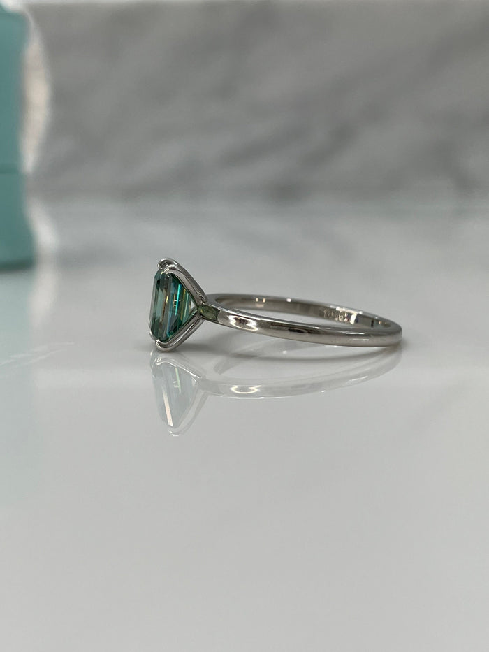 Emerald Cut Green Moissanite Solitaire Engagement Ring, Sterling Silver