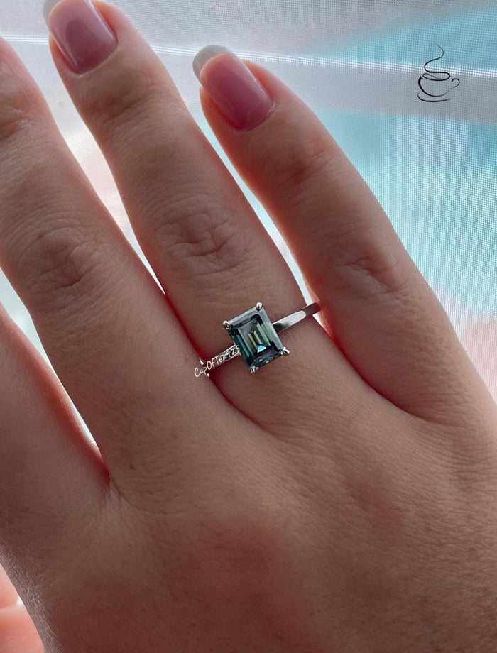 Emerald Cut Green Moissanite Solitaire Engagement Ring, Sterling Silver