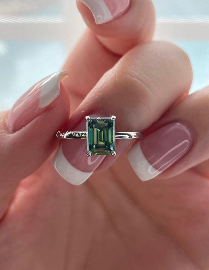 Emerald Cut Green Moissanite Solitaire Engagement Ring, Sterling Silver
