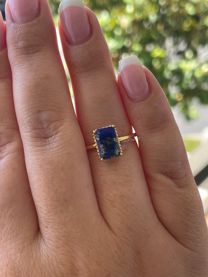 Emerald Cut Lapis Lazuli Ring: Yellow Gold Vermeil Sterling Silver, Hidden Halo