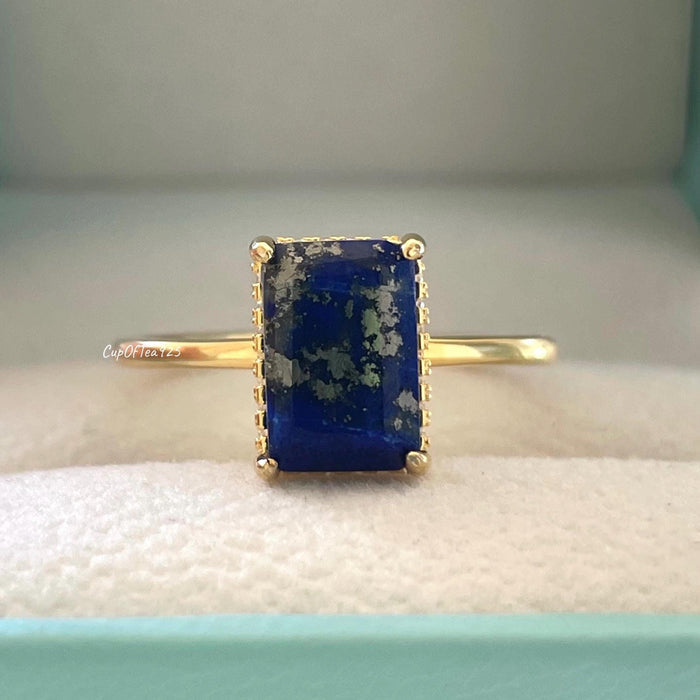 Emerald Cut Lapis Lazuli Ring: Yellow Gold Vermeil Sterling Silver, Hidden Halo