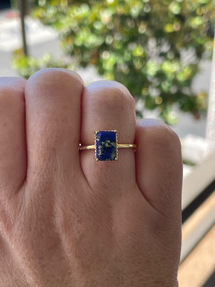 Emerald Cut Lapis Lazuli Ring: Yellow Gold Vermeil Sterling Silver, Hidden Halo