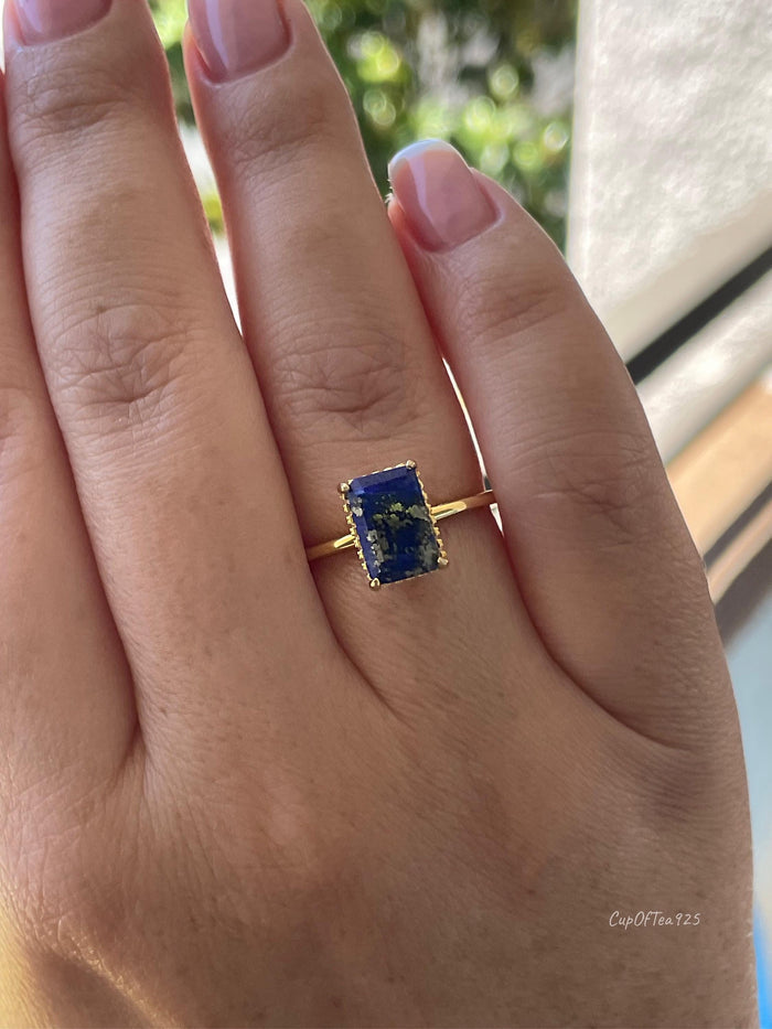 Emerald Cut Lapis Lazuli Ring: Yellow Gold Vermeil Sterling Silver, Hidden Halo