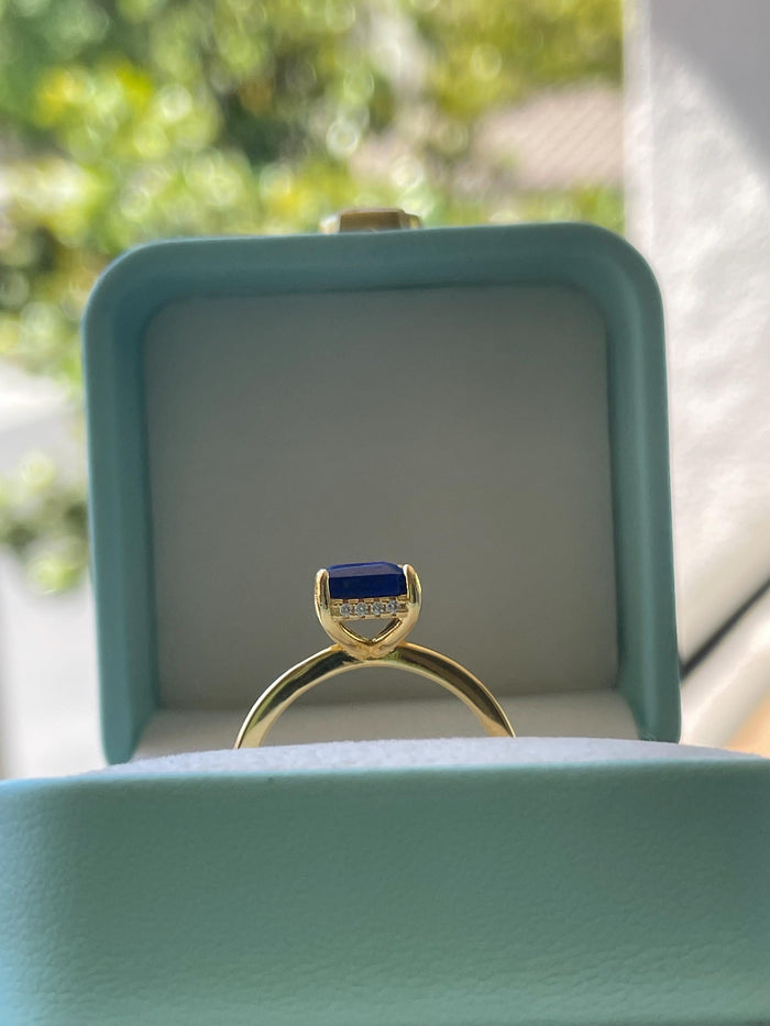 Emerald Cut Lapis Lazuli Ring: Yellow Gold Vermeil Sterling Silver, Hidden Halo