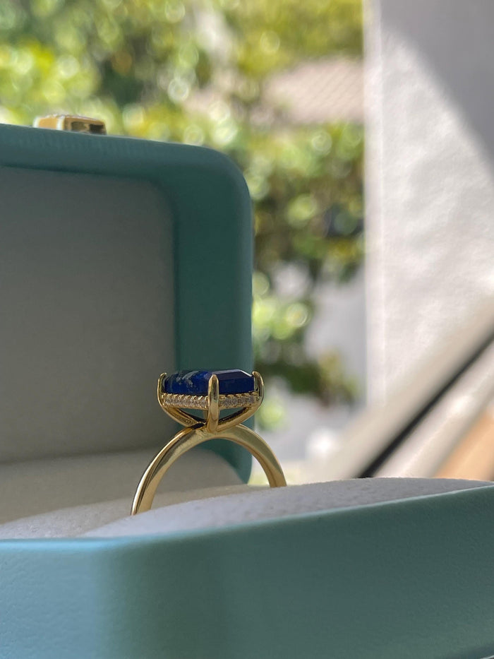 Emerald Cut Lapis Lazuli Ring: Yellow Gold Vermeil Sterling Silver, Hidden Halo