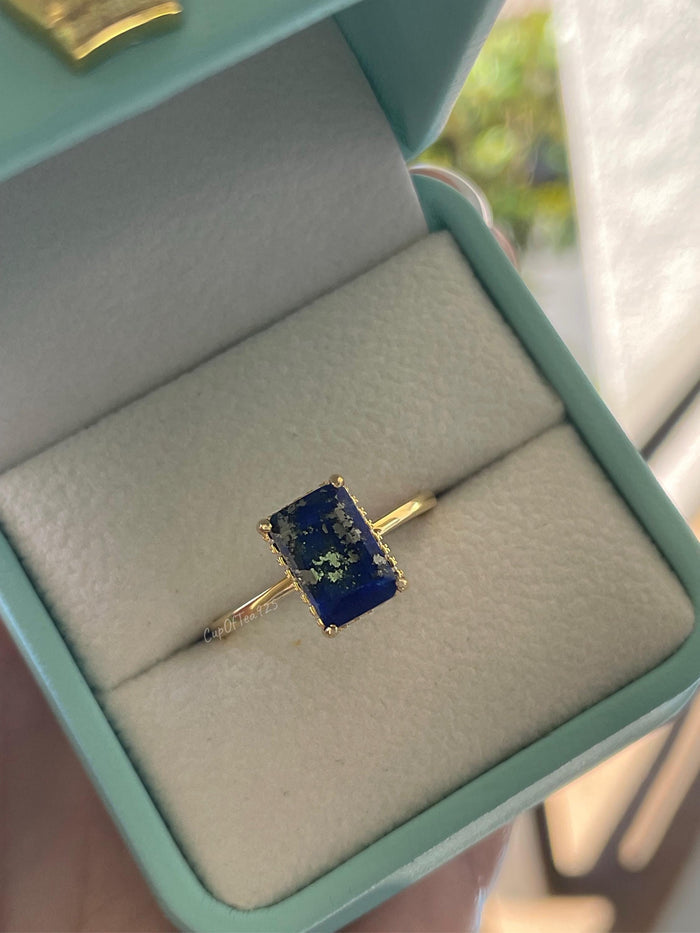 Emerald Cut Lapis Lazuli Ring: Yellow Gold Vermeil Sterling Silver, Hidden Halo