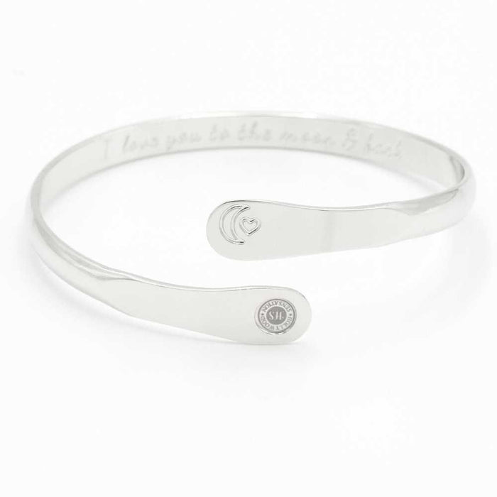 Silver engraved moon and heart cuff bracelet with small round charm plate