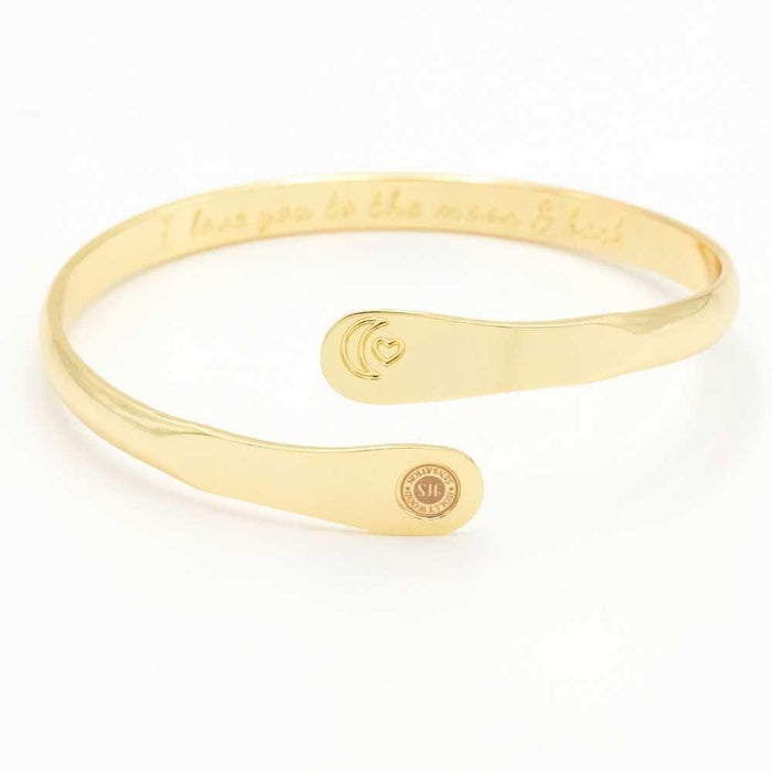 Gold engraved moon and heart cuff bracelet with small round charm plate