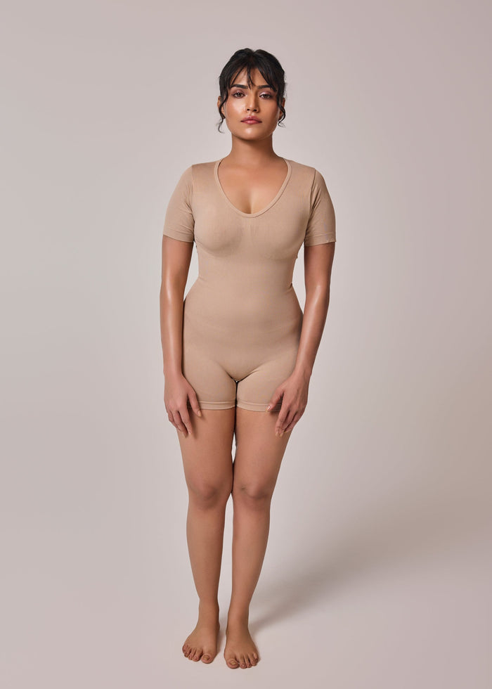 Beige Color Cap Sleeves Playsuit Bodyshaper Front Side View