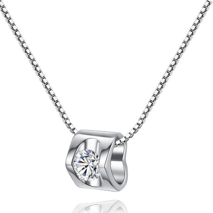 Heart pendant necklace with round clear zirconia stone on a silver-tone chain