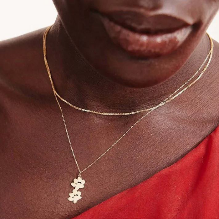 Gold-tone double paw print pendant necklace on a thin chain