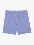 Blue and white pinstriped swim trunks with a beige drawstring and a small white embroidered letter 'F' logo on the lower left leg, shown flat on a white background.