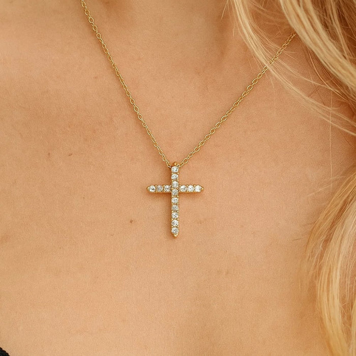 Gold-tone cross necklace with cubic zirconia inlaid cross pendant