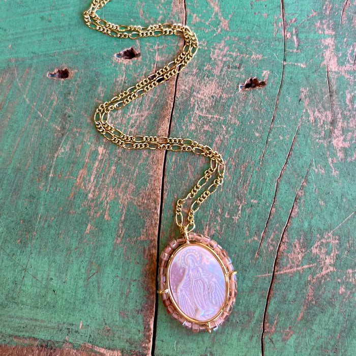 Figaro Chain with Oval Our Lady of Grace Mother of Pearl Beaded Pendant