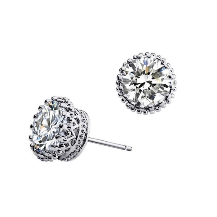 Round flower halo cubic zirconia stud earrings with clear stones
