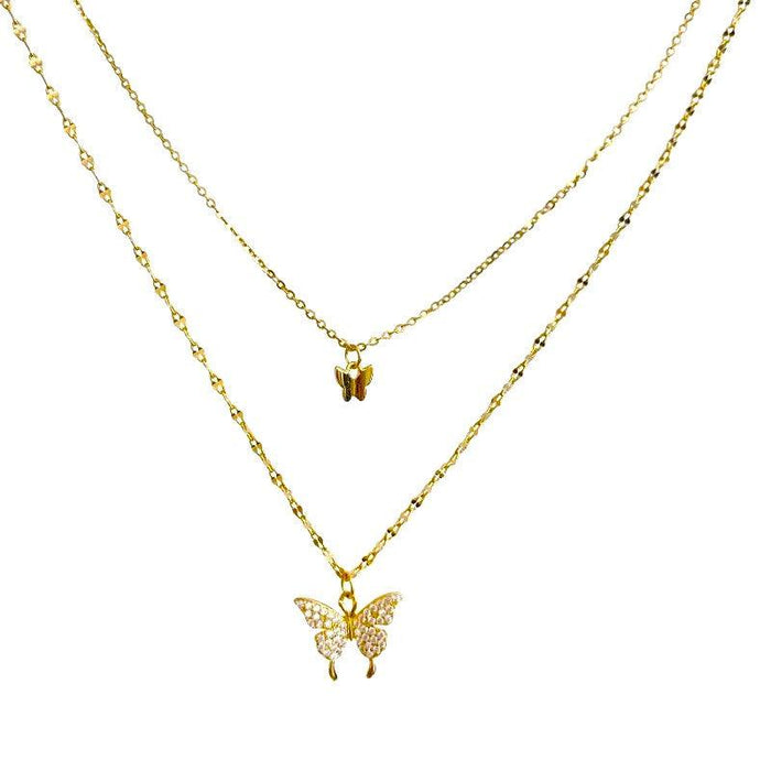 Gold-tone two-layer butterfly necklace with small top charm and larger bottom butterfly pendant