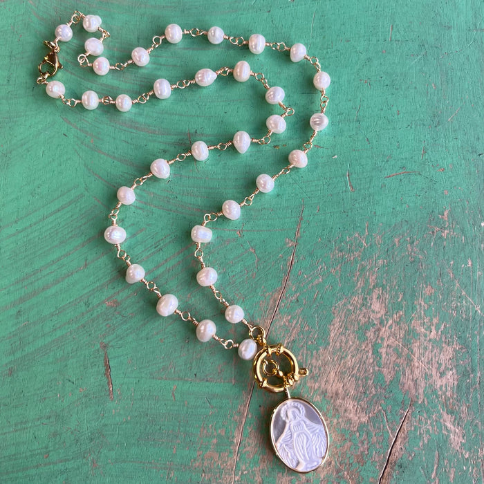 Freshwater Pearl Our Lady of Grace Gold Clasp Necklace