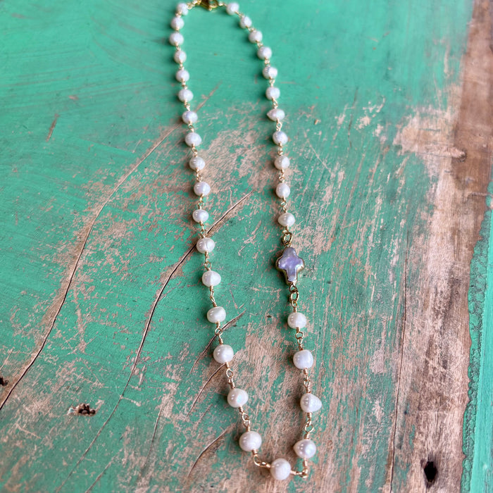 Freshwater Pearl Side Cross Necklace