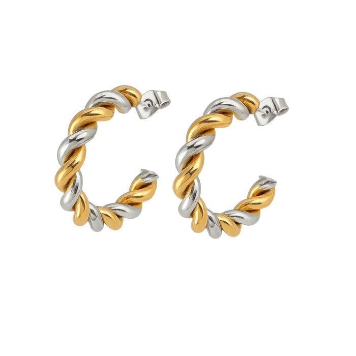 Two-tone twisted hoop earrings, gold and silver mixed metal with hinged backs