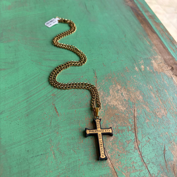 Gold and Black Iron Cross 24" Necklace
