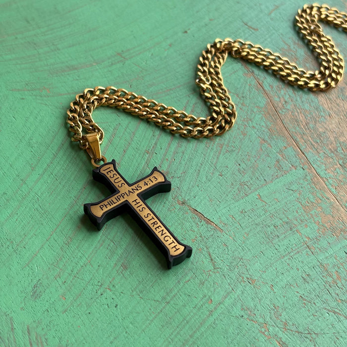 Gold and Black Iron Cross 24" Necklace