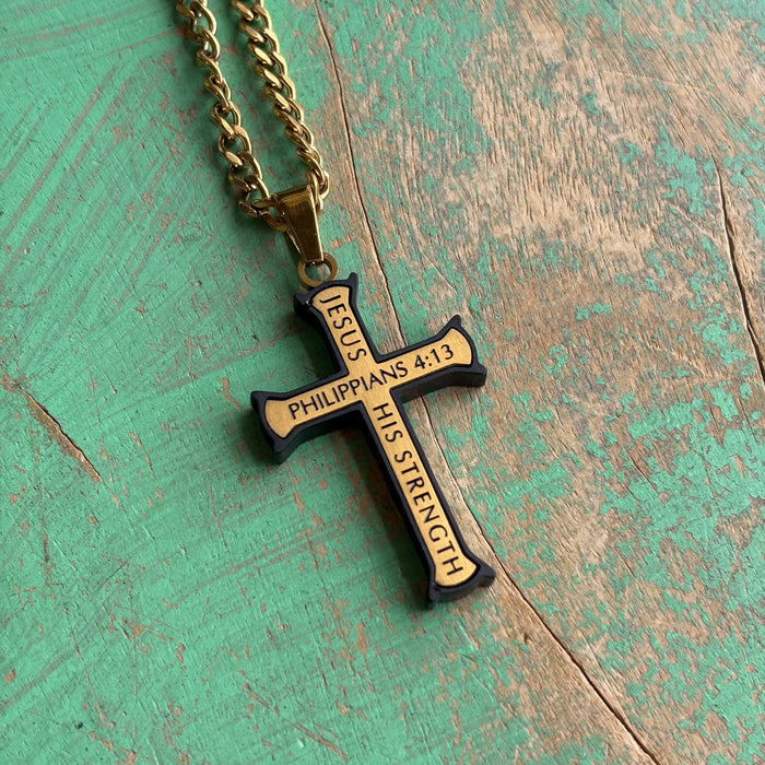 Gold and Black Iron Cross 24" Necklace
