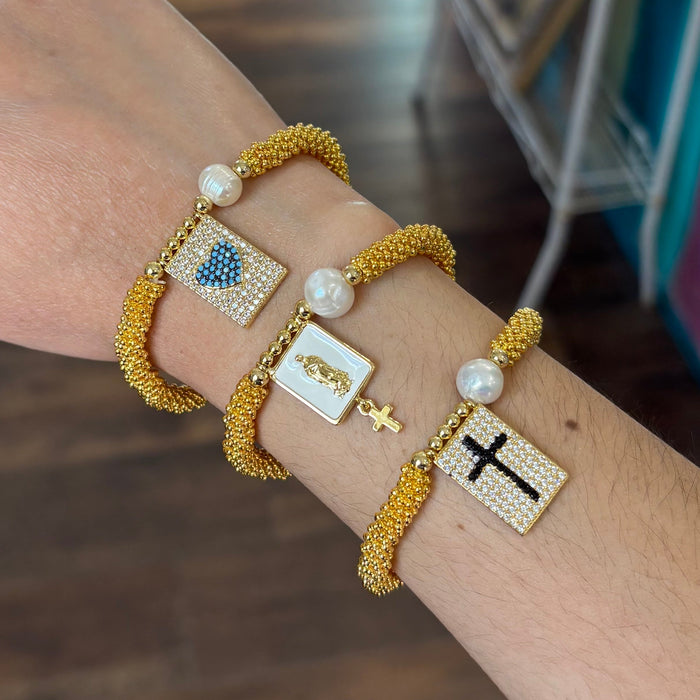 Gold Beaded Freshwater Pearl Faith Bracelets