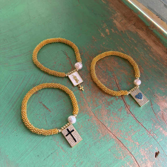 Gold Beaded Freshwater Pearl Faith Bracelets