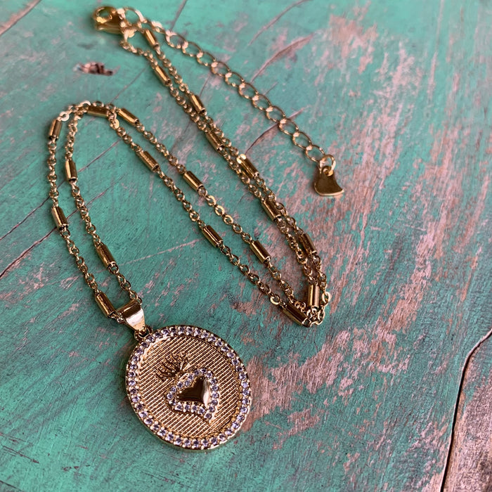 Gold CZ Sacred Heart Chain Necklace