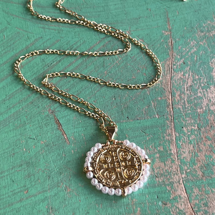 Gold Pearl St Benedict Necklace or Earrings