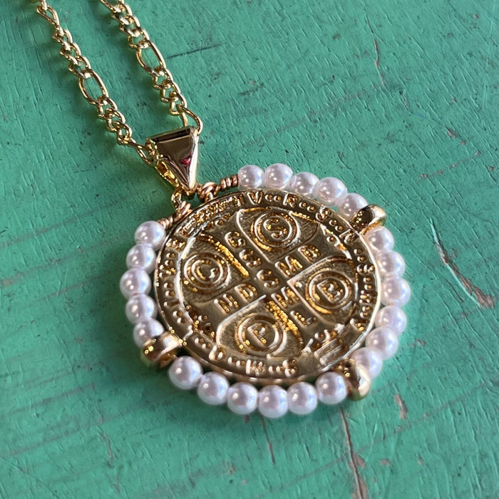 Gold Pearl St Benedict Necklace or Earrings