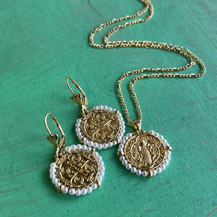 Gold Pearl St Benedict Necklace or Earrings
