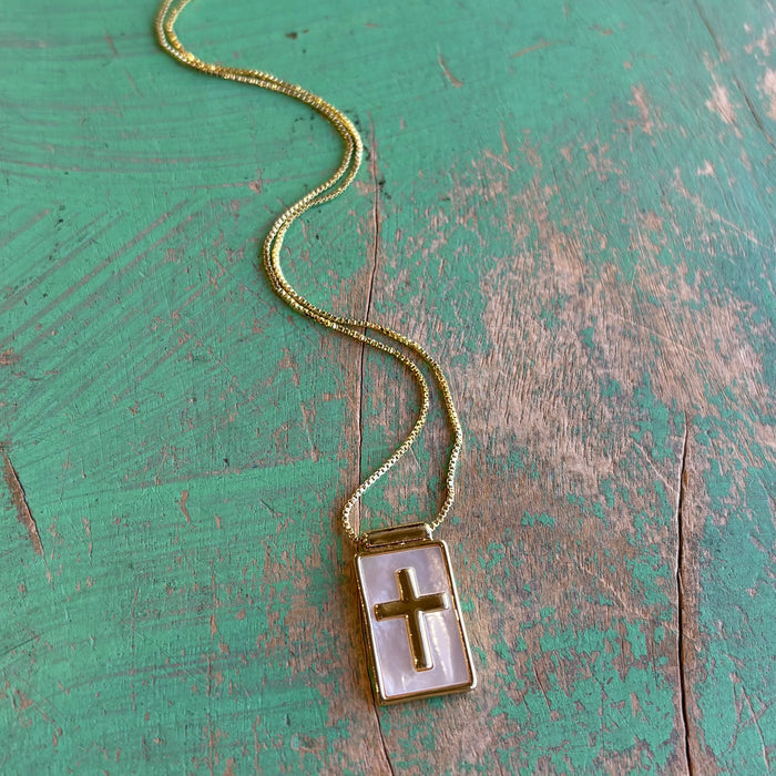 Gold Plated Mother of Pearl Cross Necklace – Adjustable 17” Faith Pendant