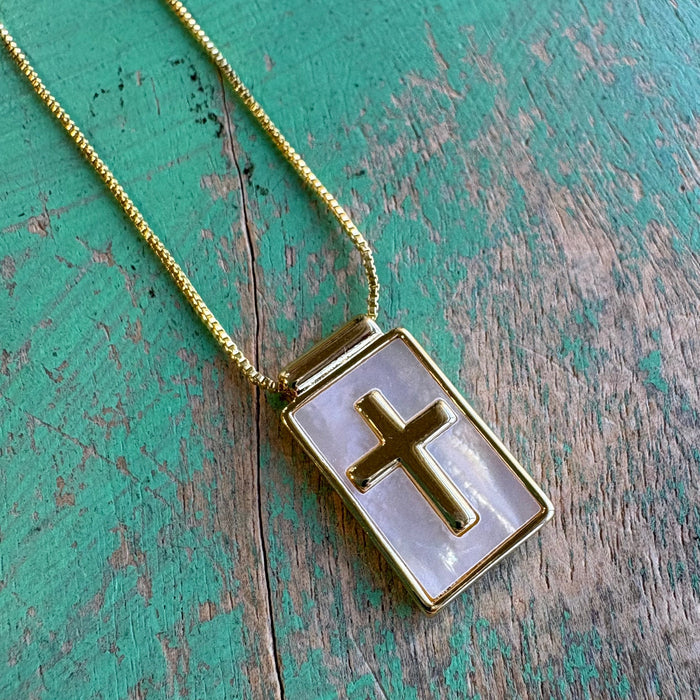 Gold Plated Mother of Pearl Cross Necklace – Adjustable 17” Faith Pendant
