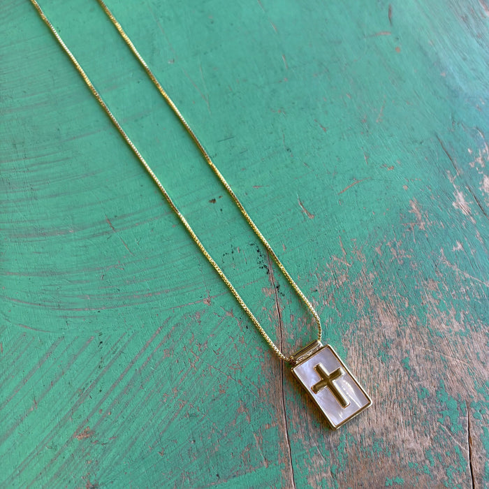 Gold Plated Mother of Pearl Cross Necklace – Adjustable 17” Faith Pendant