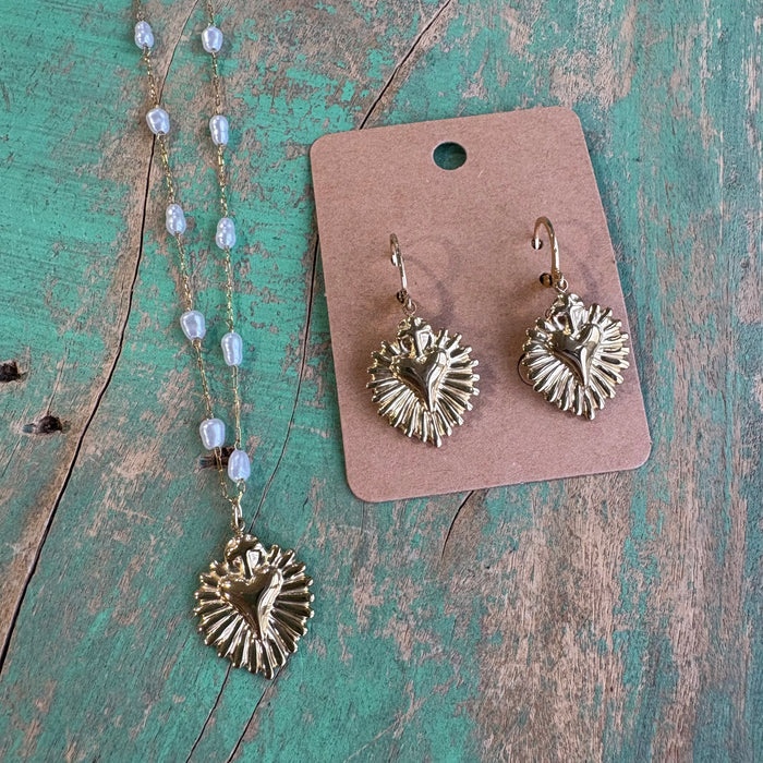Gold Sacred Heart Pearl Chain Necklace or Earrings