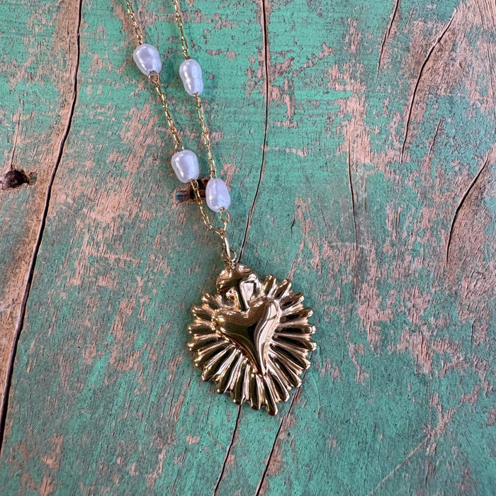 Gold Sacred Heart Pearl Chain Necklace or Earrings
