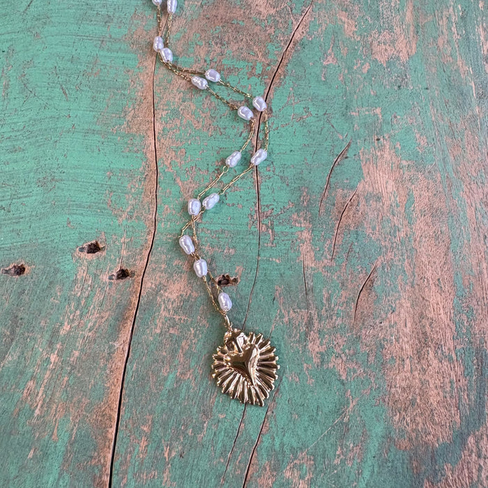 Gold Sacred Heart Pearl Chain Necklace or Earrings