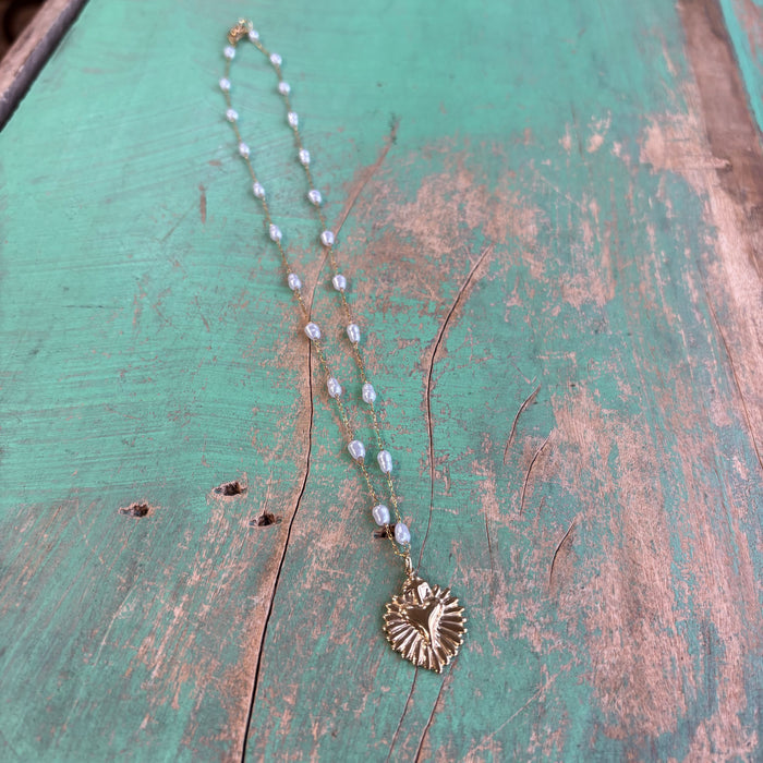 Gold Sacred Heart Pearl Chain Necklace or Earrings
