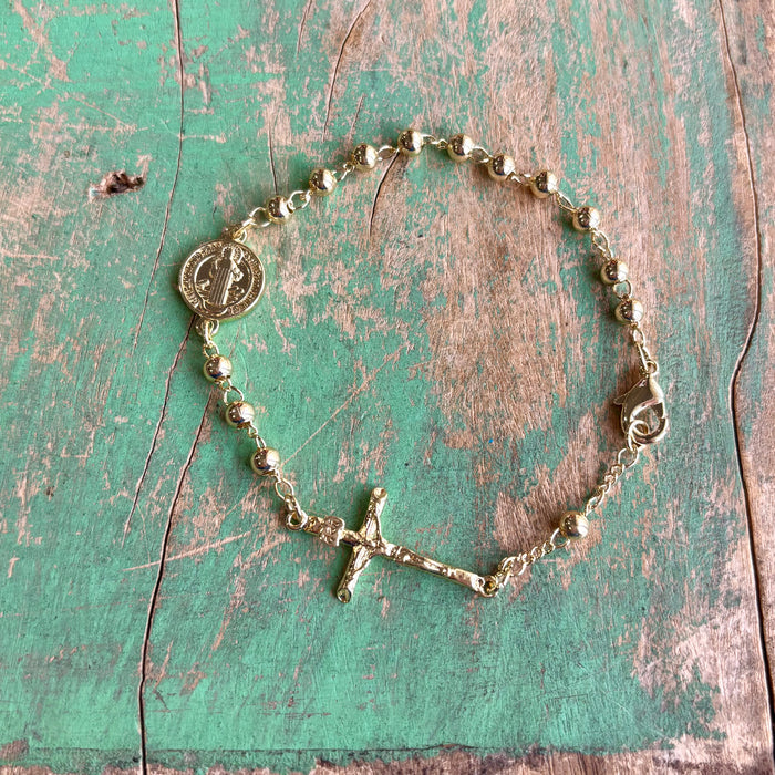 Gold St Benedict Rosary Decade Bracelet