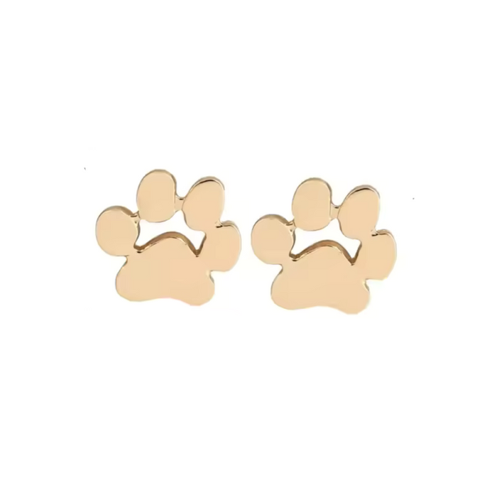 Gold paw print stud earrings shown from side, four toe circles and paw pad