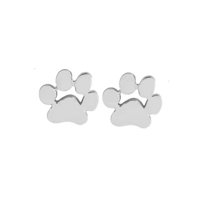 Silver paw print stud earrings side view with toe circles and paw pad