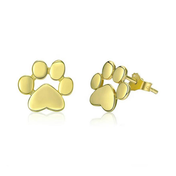Gold paw print stud earrings with butterfly backs, front paw pad and toe circles