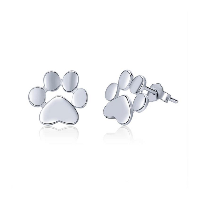 Silver paw print stud earrings with butterfly backs, paw pad and toe circles