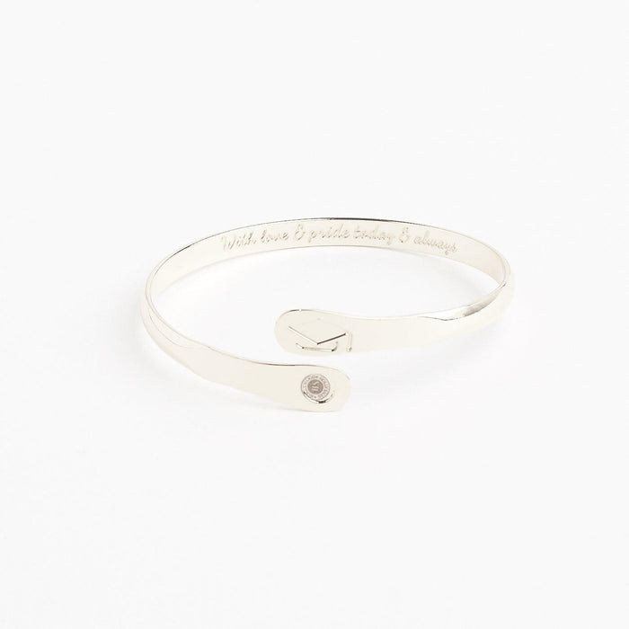Silver engraved graduation bracelet with graduation cap charm and round medal tag